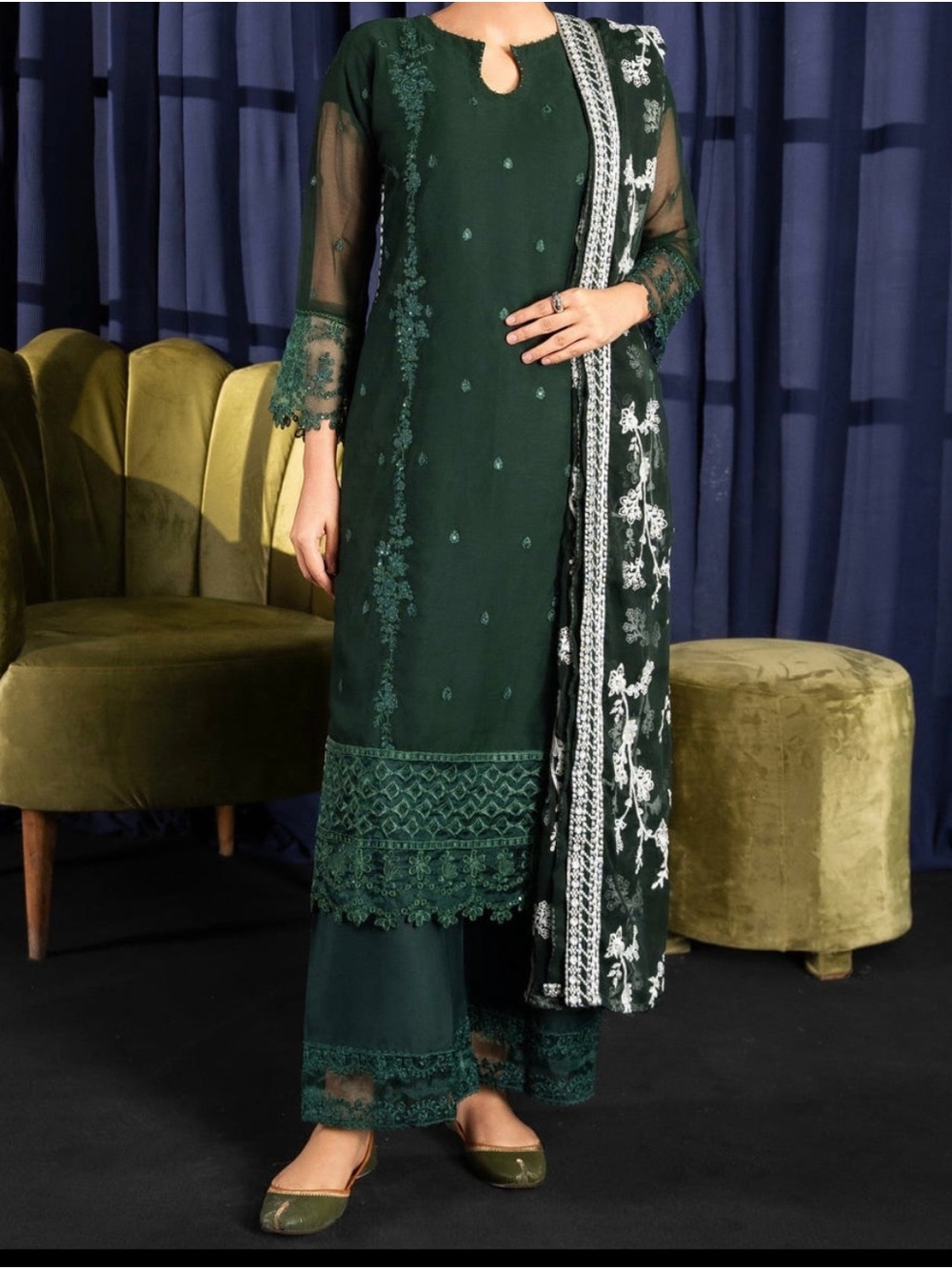 Dark Green Embroidered Women’s Pants & Dupatta Set